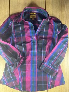 Investments Gold Label Taylor Plaid Non-Iron Button Down Shirt Magenta Blue Sz 8